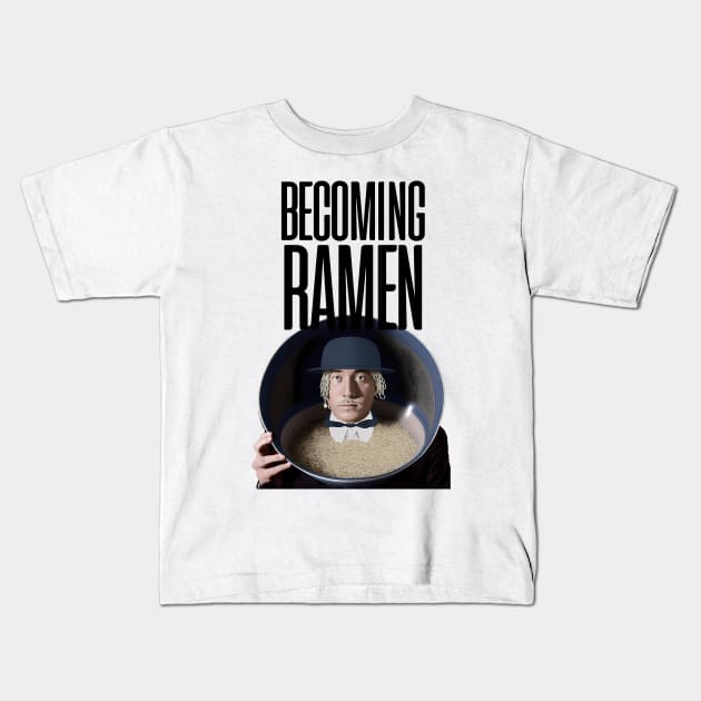 Becoming Ramen No. 3 -- an Asian man wearing a stylish Bowler hat with ramen hair inside a bowl of ramen with the words "Becoming Ramen" above Kids T-Shirt by Puff Sumo